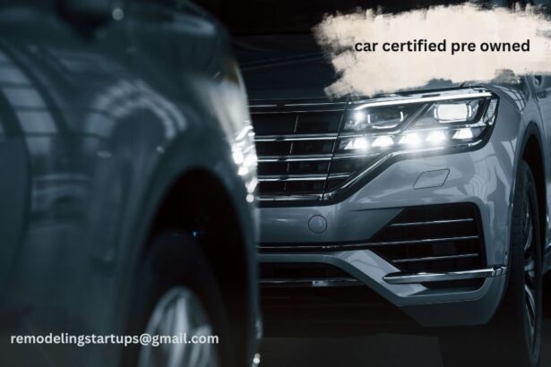 A beautiful shiny car certified pre owned vehicle parked outside a modern dealership showroom