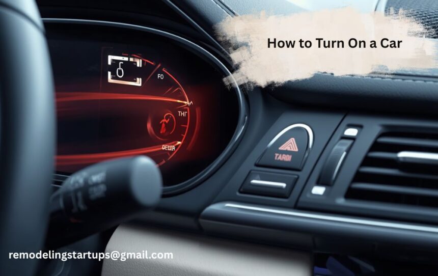 A close-up shot of a driver's hand inserting a key into a car ignition near the steering wheel to turn on a car.