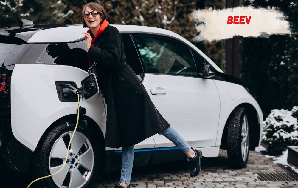 Electric car charging at a Beev charging hub with ultra-rapid bays