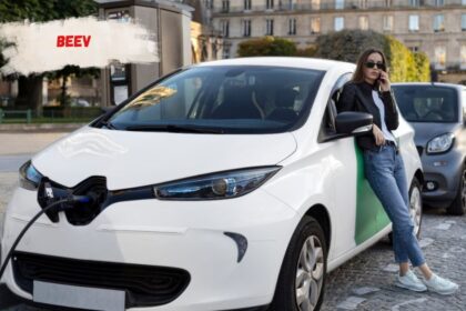 Electric car charging at a Beev charging hub with ultra-rapid bays