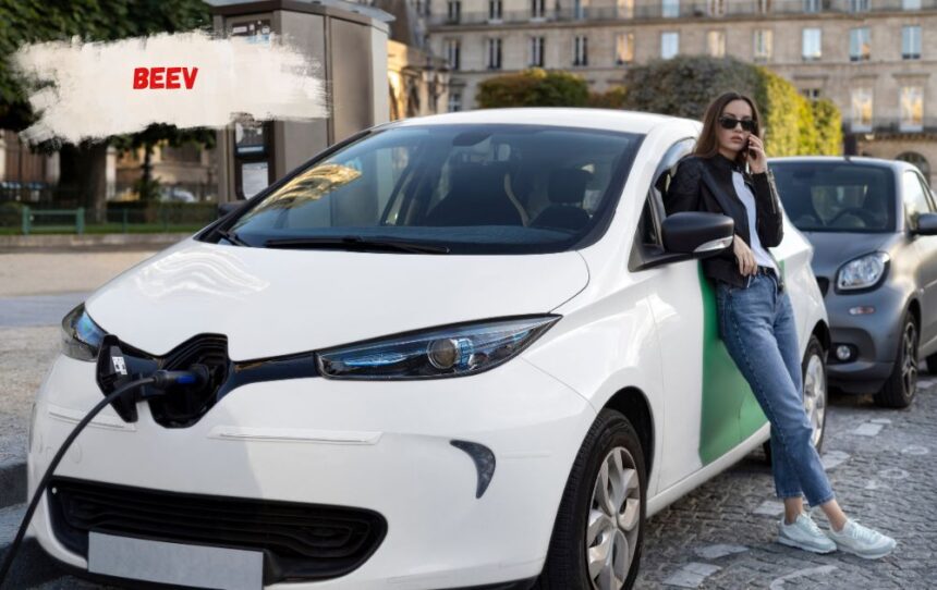 Electric car charging at a Beev charging hub with ultra-rapid bays
