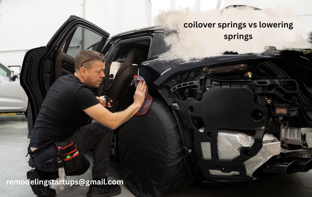 A side view of a modified sports car chassis comparing coilover springs vs lowering springs mechanics