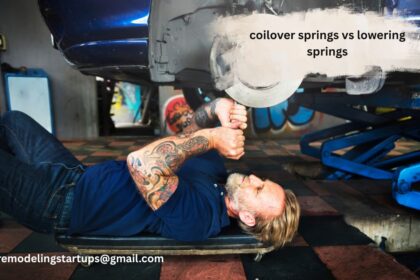 A side view of a modified sports car chassis comparing coilover springs vs lowering springs mechanics