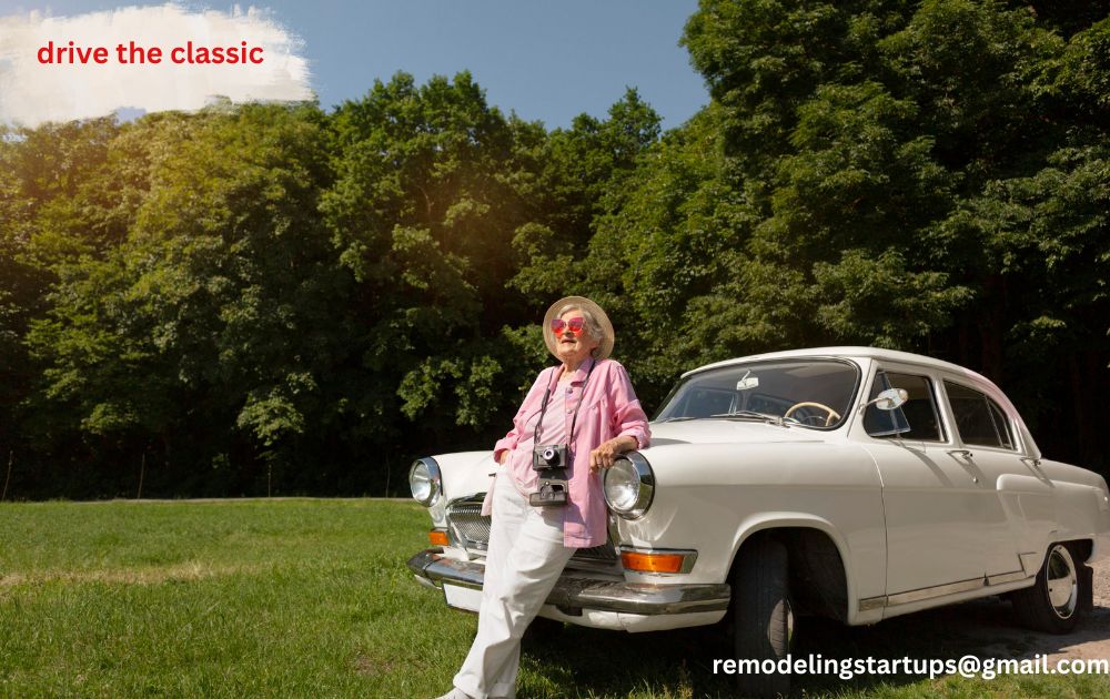 A lady drive the classic car on an open road