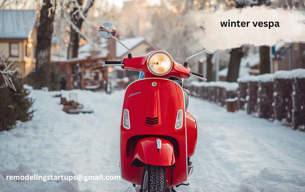 Winter Vespa scooter riding on snow covered road in cold weather with winter tyres