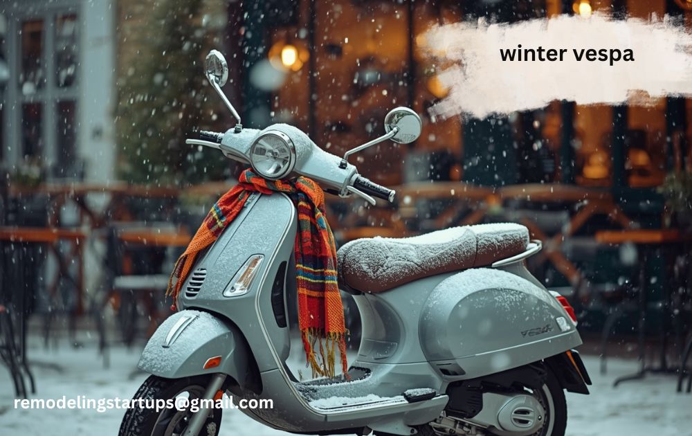 Winter Vespa scooter riding on snow covered road in cold weather with winter tyres