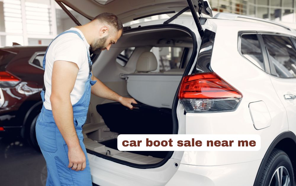 A vibrant outdoor car boot sale near me on a sunny morning with rows of vehicles open trunks and people browsing stall items.