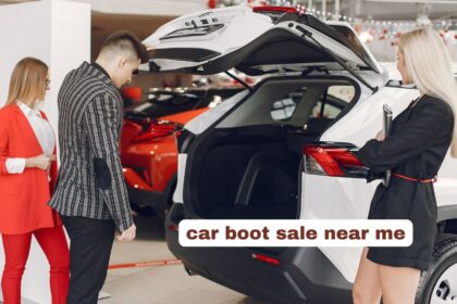 A vibrant outdoor car boot sale near me on a sunny morning with rows of vehicles open trunks and people browsing stall items.