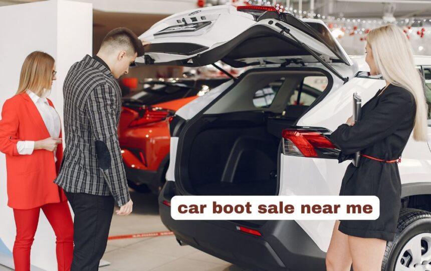 A vibrant outdoor car boot sale near me on a sunny morning with rows of vehicles open trunks and people browsing stall items.