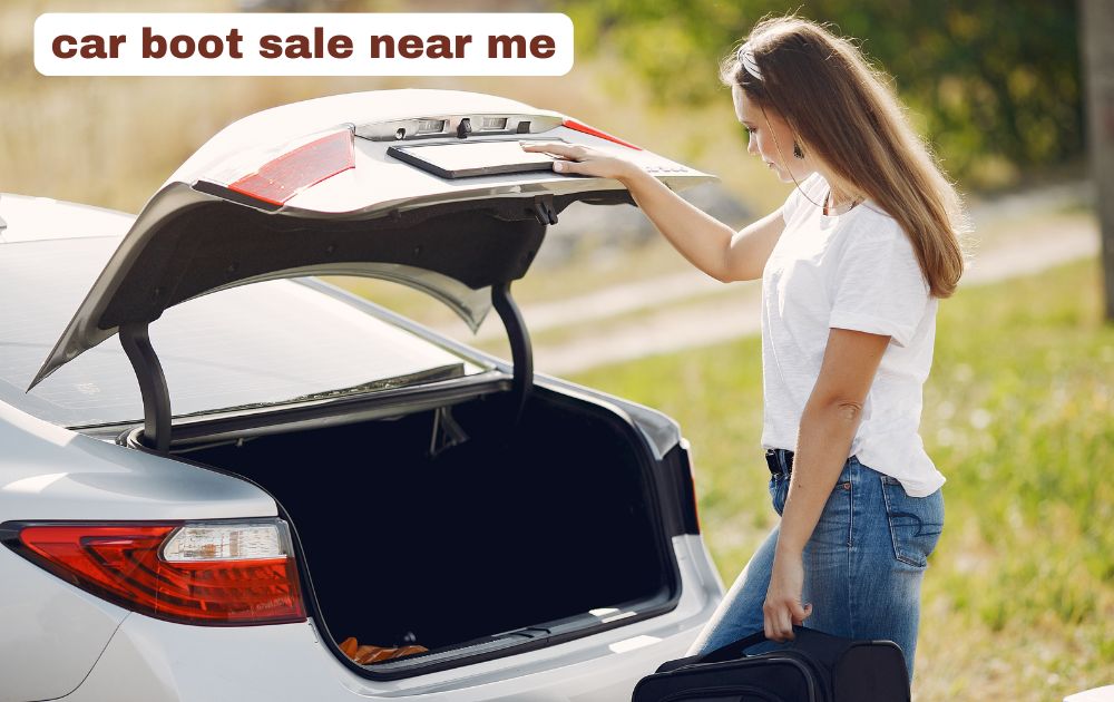 A vibrant outdoor car boot sale near me on a sunny morning with rows of vehicles open trunks and people browsing stall items.