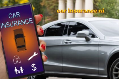 Driver comparing car insurance ni quotes on a laptop with a car parked in the background