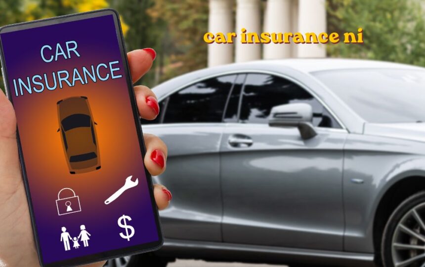 Driver comparing car insurance ni quotes on a laptop with a car parked in the background