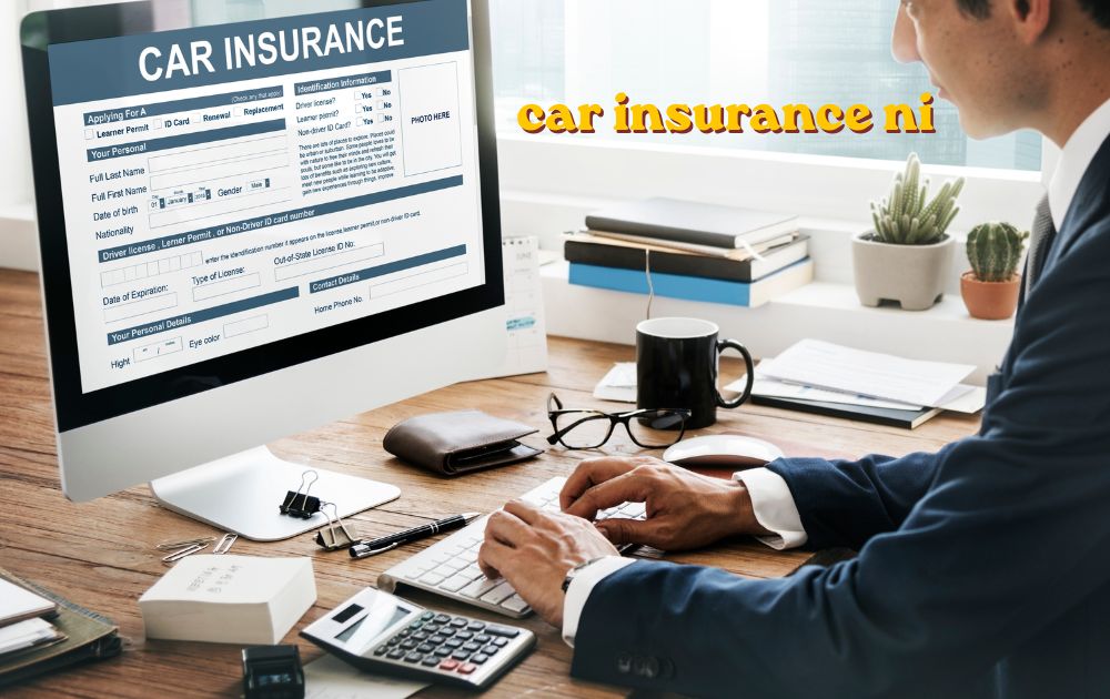 Driver comparing car insurance ni quotes on a laptop with a car parked in the background
