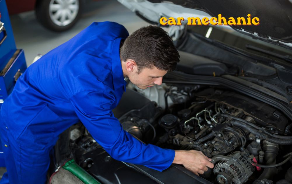 Car mechanic inspecting an engine inside a repair garage