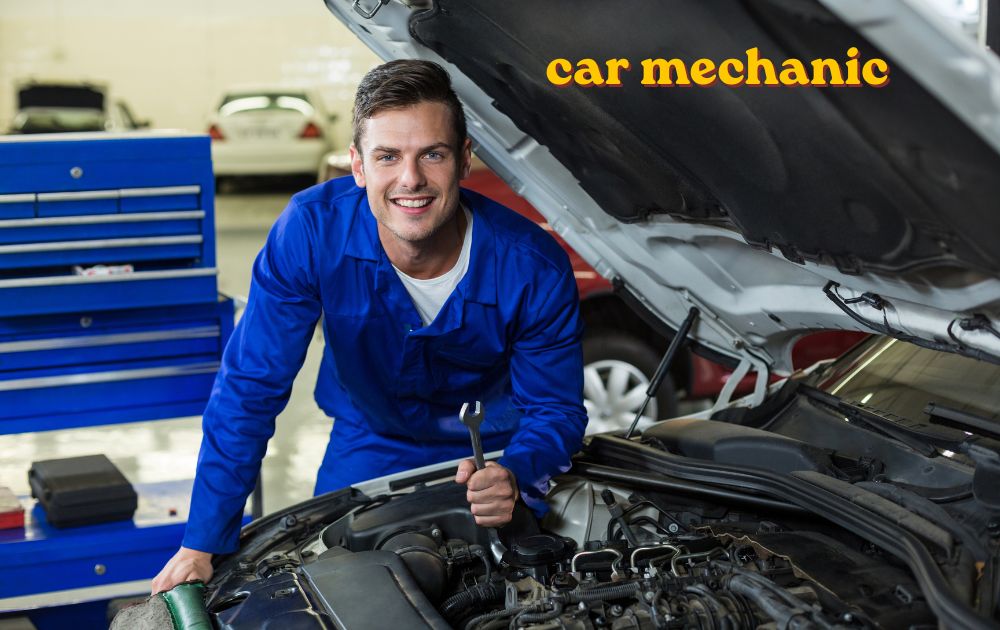 Car mechanic inspecting an engine inside a repair garage