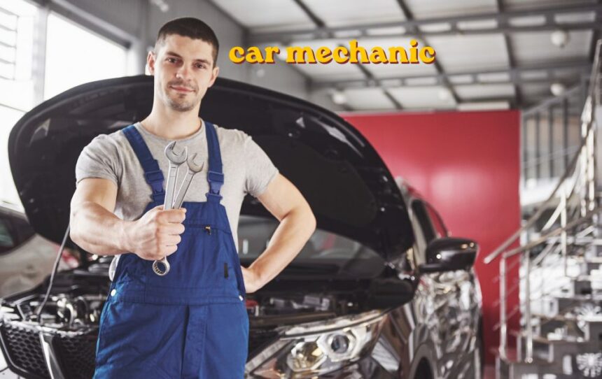 Car mechanic inspecting an engine inside a repair garage