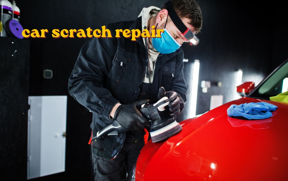 Car scratch repair being done on a vehicle door panel with touch-up paint