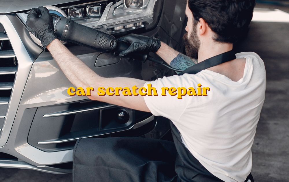 Car scratch repair being done on a vehicle door panel with touch-up paint
