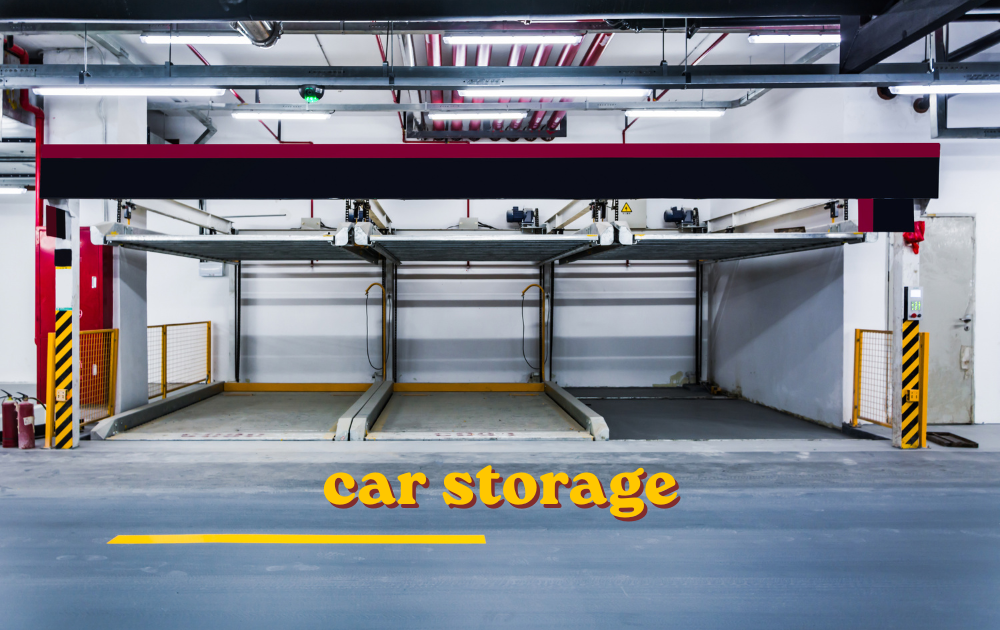 Car storage unit with vehicle parked safely inside secure facility