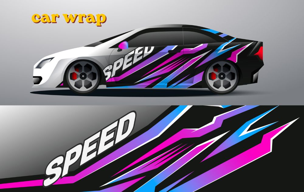 Car wrap installation on vehicle showing vinyl film application process
