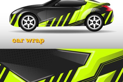Car wrap installation on vehicle showing vinyl film application process