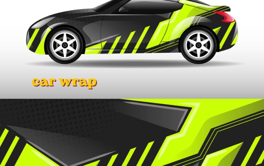 Car wrap installation on vehicle showing vinyl film application process