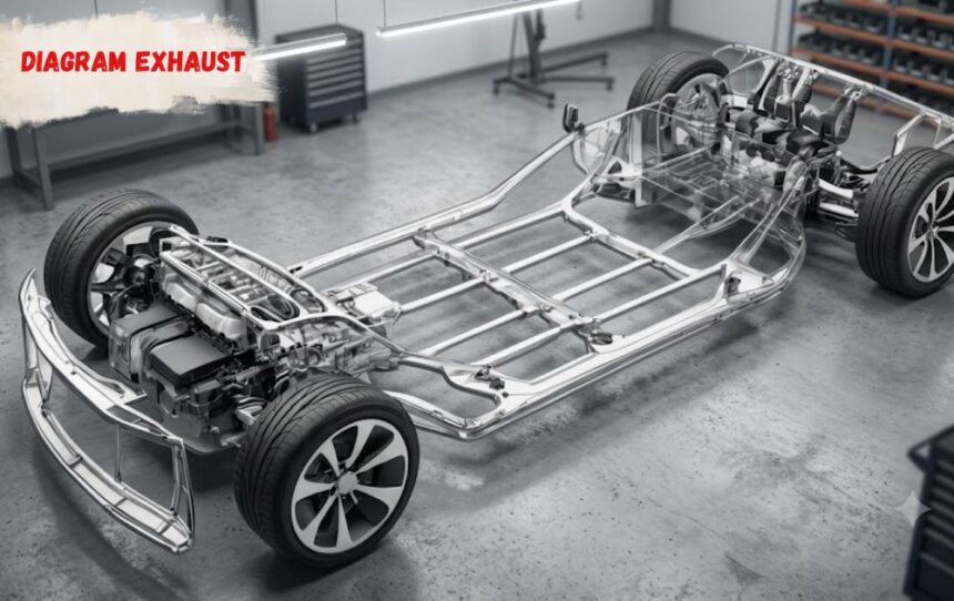 Diagram exhaust system showing manifold, catalytic converter, and muffler layout