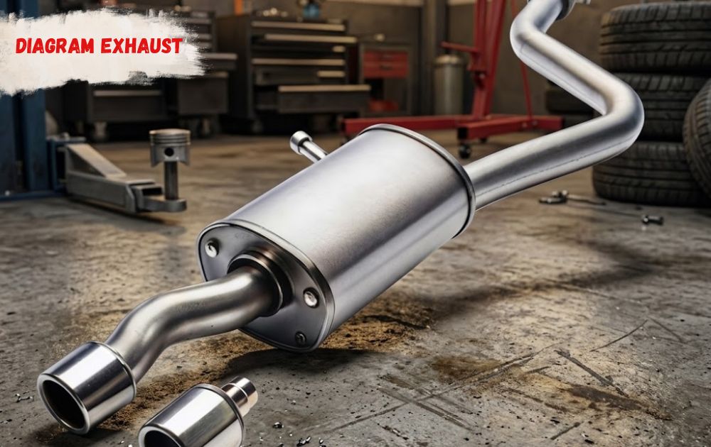Diagram exhaust system showing manifold, catalytic converter, and muffler layout
