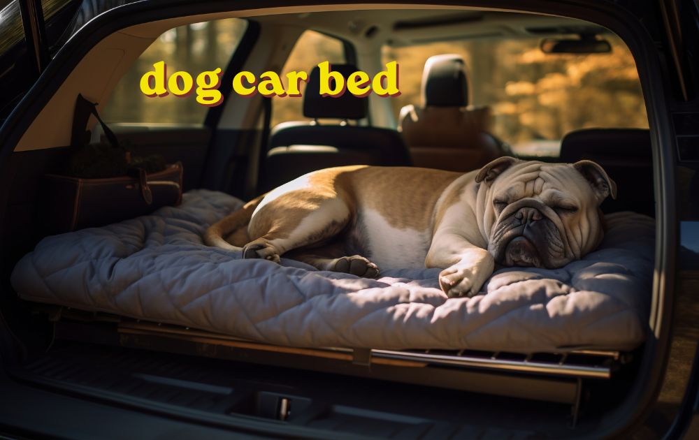 Dog car bed with waterproof cover set up on the back seat of a car