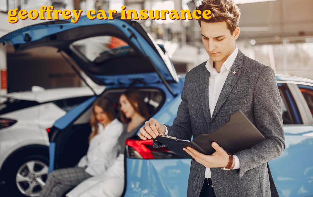 Geoffrey car insurance quote screen shown on a laptop with a car in the background