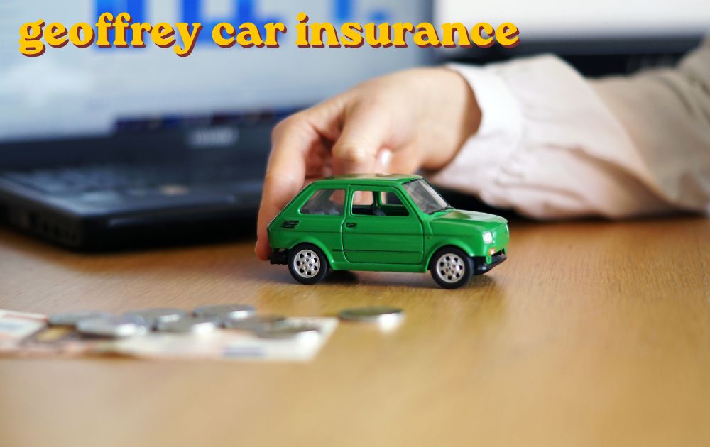 Geoffrey car insurance quote screen shown on a laptop with a car in the background