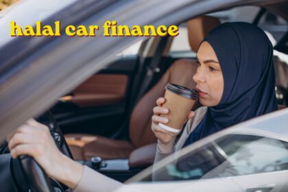 Muslim family reviewing halal car finance paperwork with a car dealer in a UK showroom