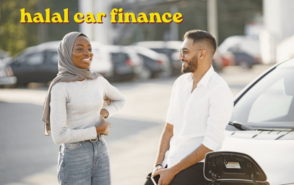 Muslim family reviewing halal car finance paperwork with a car dealer in a UK showroom