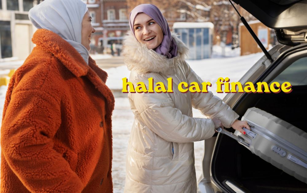 Muslim family reviewing halal car finance paperwork with a car dealer in a UK showroom
