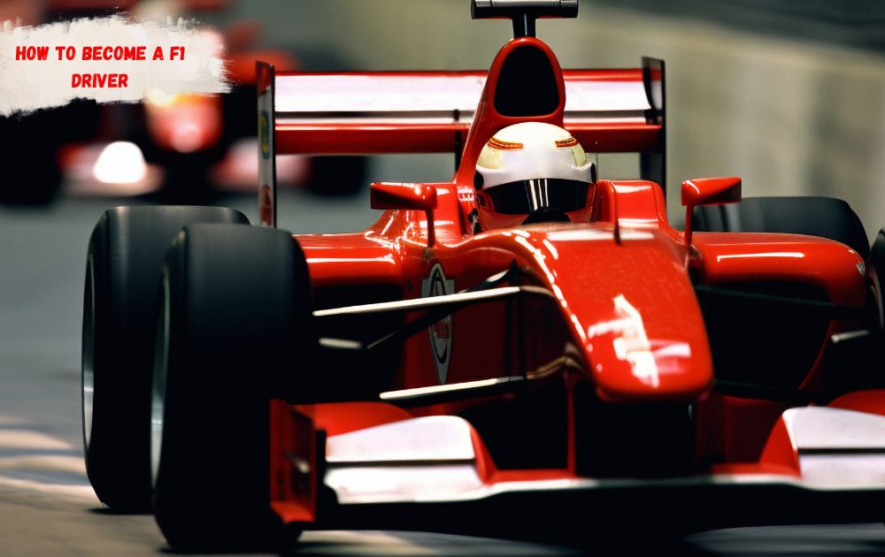 An F1 driver in a red race suit standing beside a Formula 1 car on the grid before a race, which illustrates how to become an f1 driver.