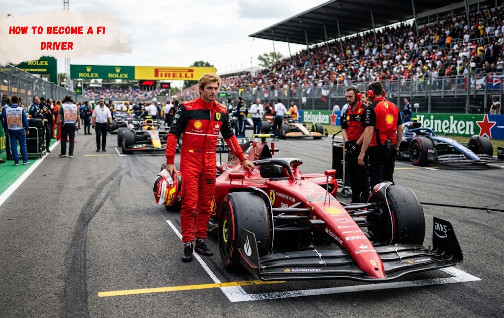 An F1 driver in a red race suit standing beside a Formula 1 car on the grid before a race, which illustrates how to become an f1 driver.