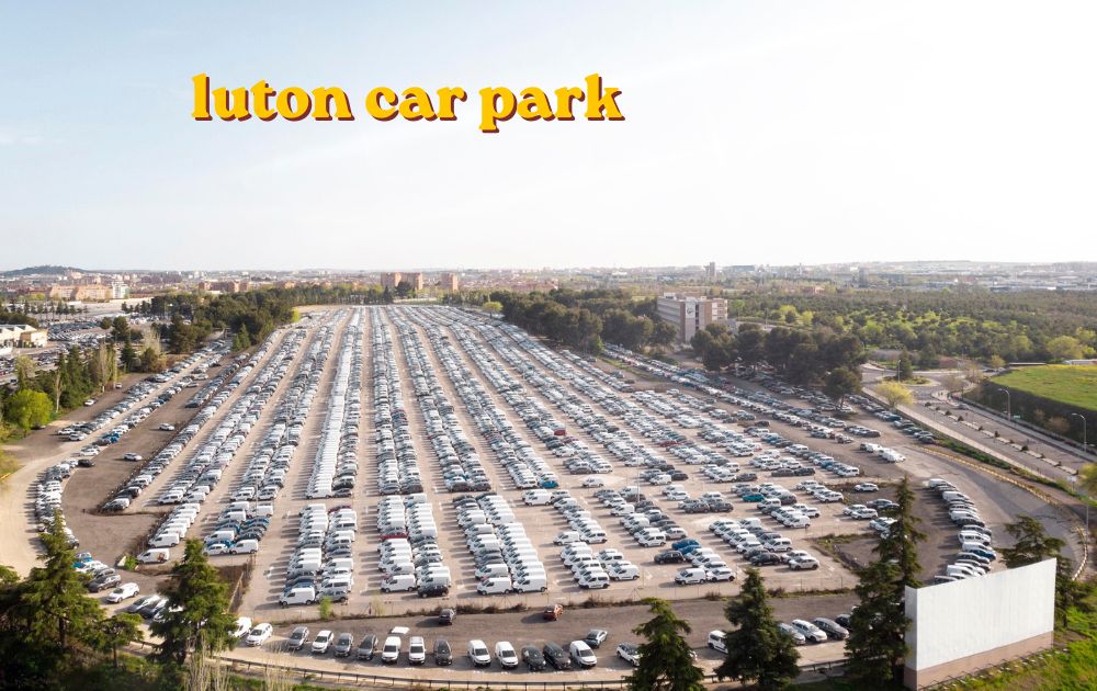 Rows of parked vehicles at a Luton car park near the airport terminal