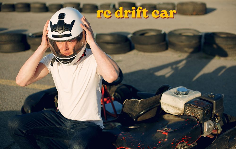 RC drift car in action showing chassis wheels and body shell during a drift session