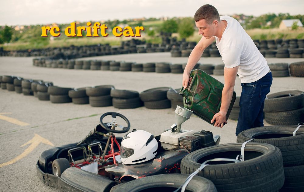 RC drift car in action showing chassis wheels and body shell during a drift session