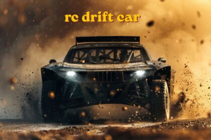 RC drift car in action showing chassis wheels and body shell during a drift session