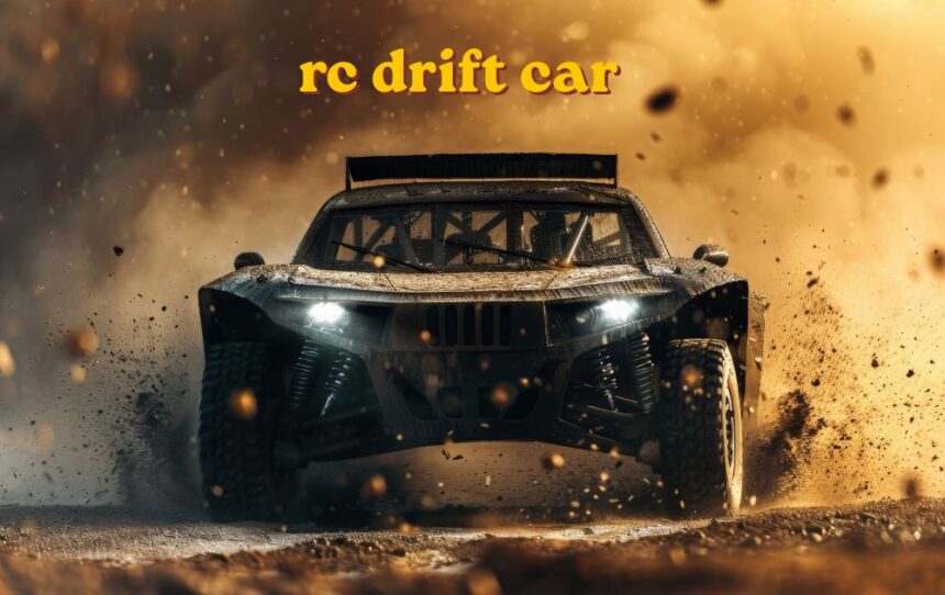 RC drift car in action showing chassis wheels and body shell during a drift session