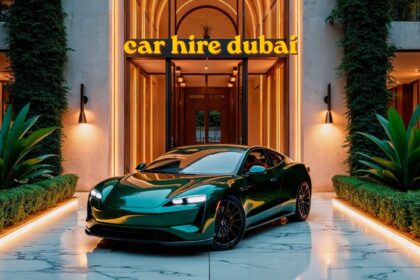 Car hire dubai rental vehicle parked near city skyline