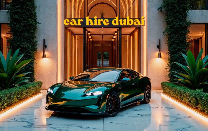 Car hire dubai rental vehicle parked near city skyline