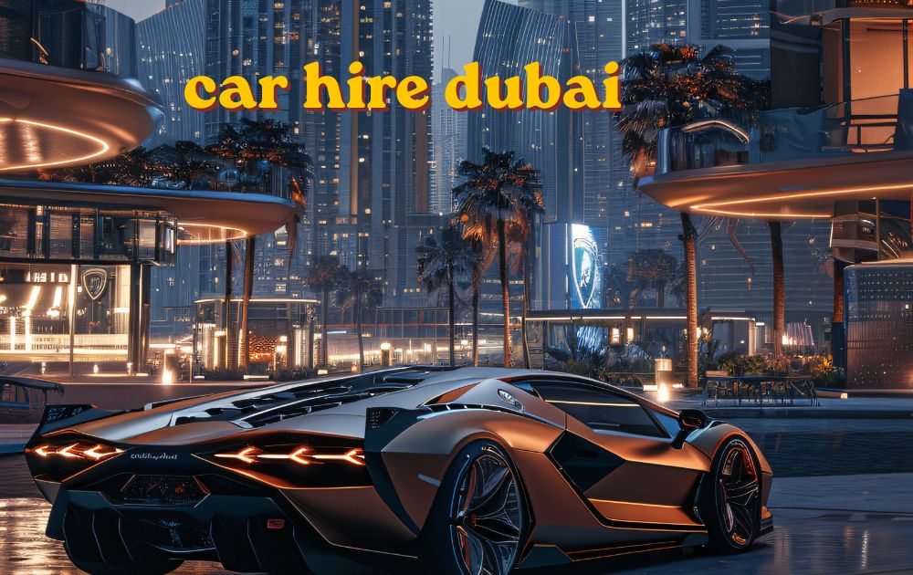 Car hire dubai rental vehicle parked near city skyline