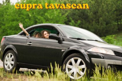 Cupra Tavascan electric SUV parked outdoors showing its sporty coupe styling and LED lighting