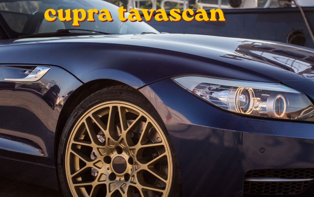 Cupra Tavascan electric SUV parked outdoors showing its sporty coupe styling and LED lighting