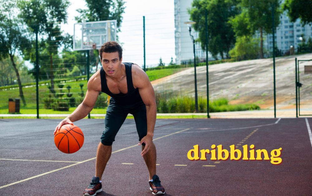 Football player practicing close ball control while dribbling past a defender on the pitch
