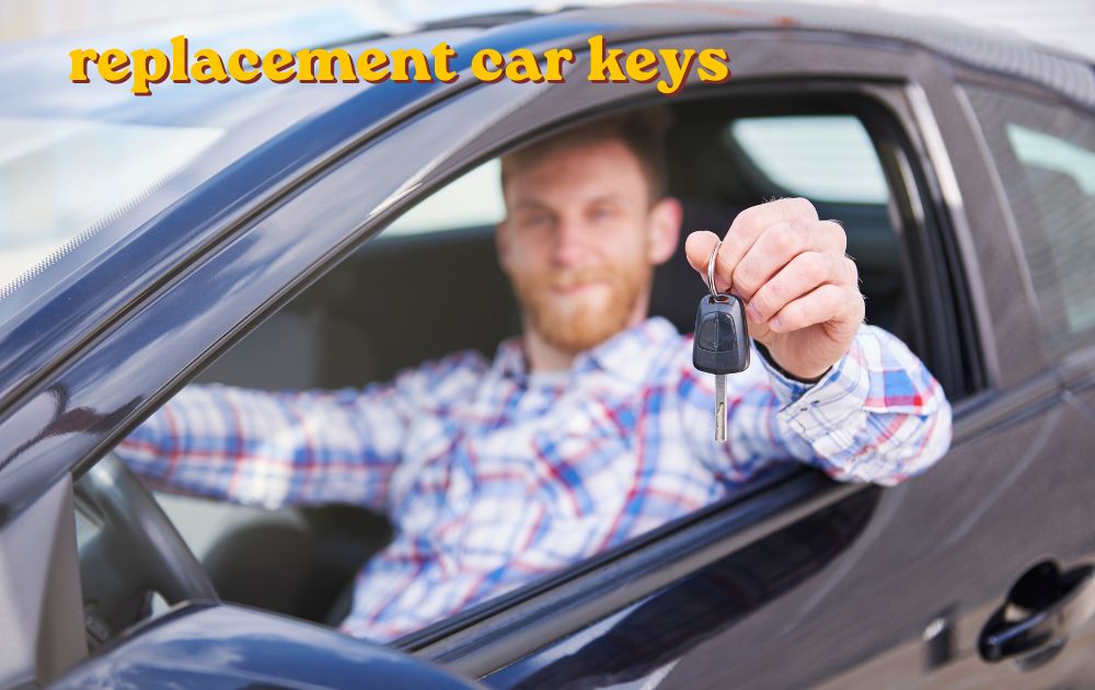 Replacement car keys and remote fobs laid out on a table beside a car