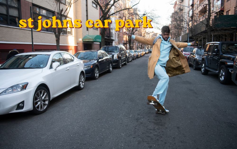 St Johns car park entrance with parking bays and directional signage