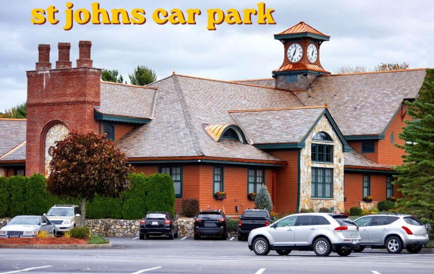 St Johns car park entrance with parking bays and directional signage